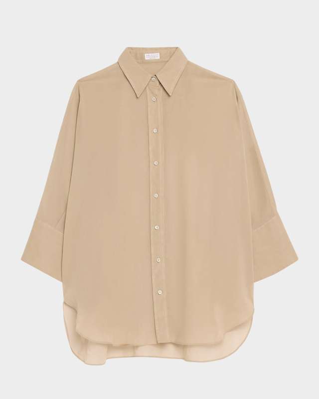 Embroidered-Cuff Cotton Gauze 3/4-Sleeve Shirt
